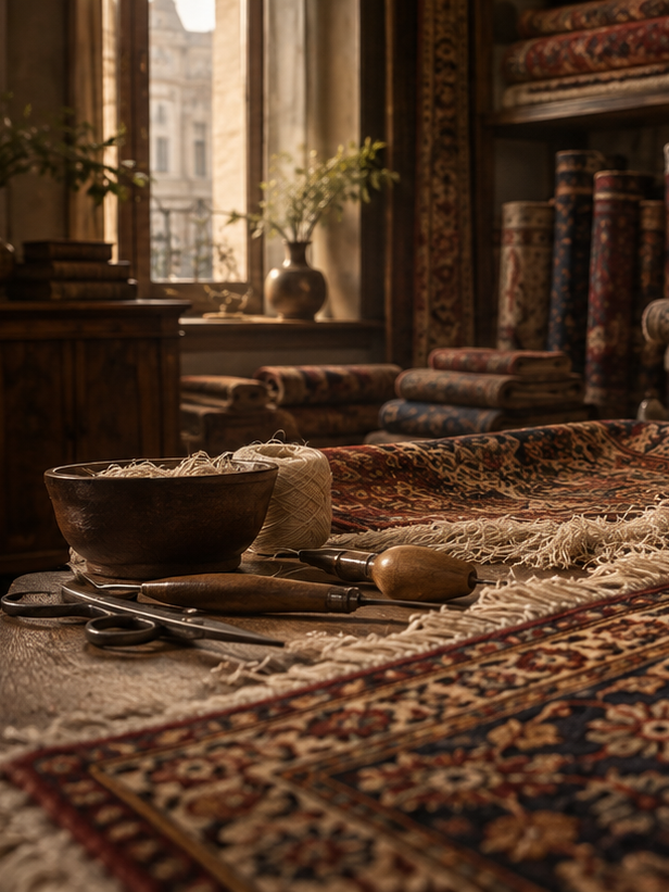 Artisan restaurant à la main un tapis persan à La Galerie du Tapis 1815