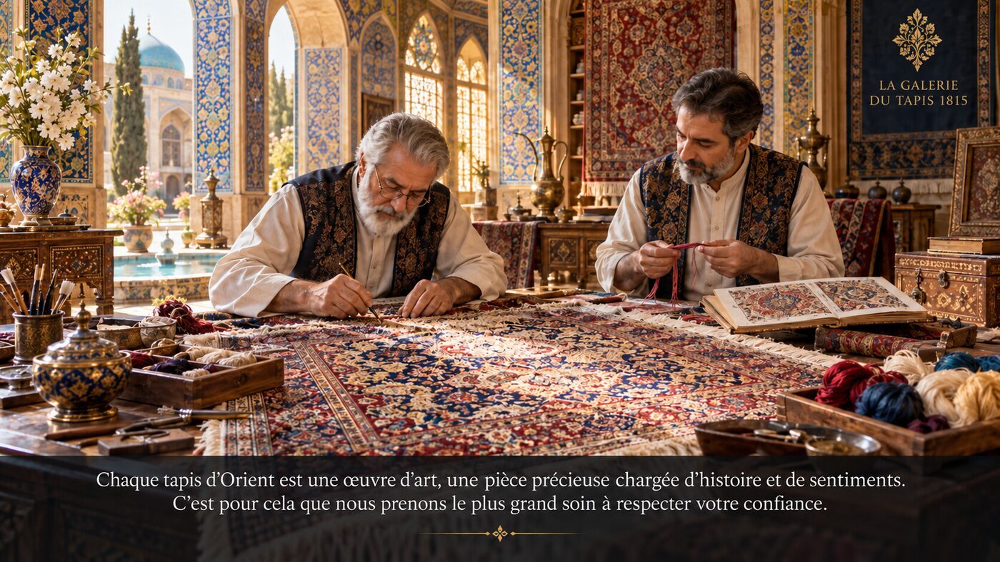 Artisan restaurant à la main un tapis persan à La Galerie du Tapis 1815